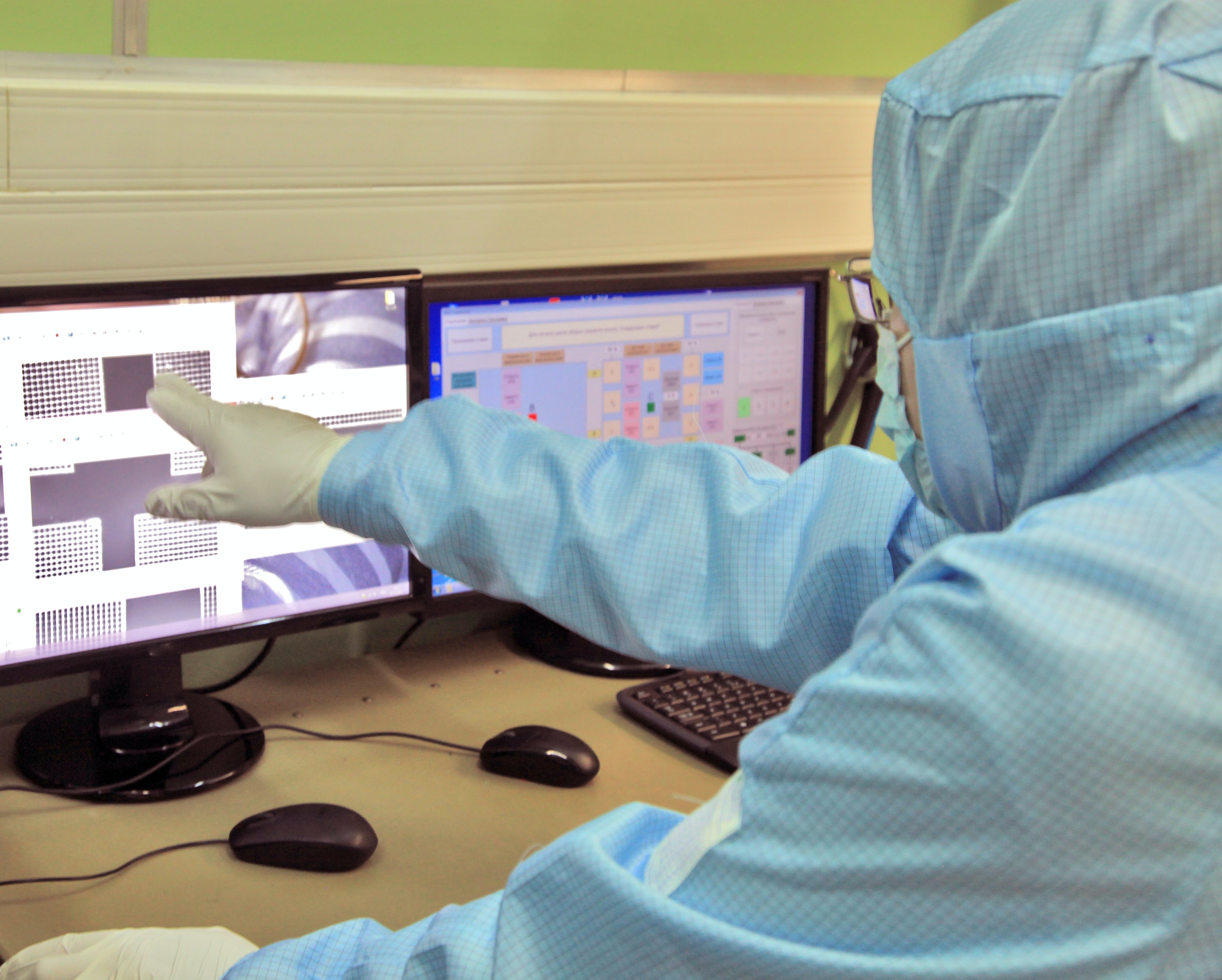 researcher pointing at image on computer monitor