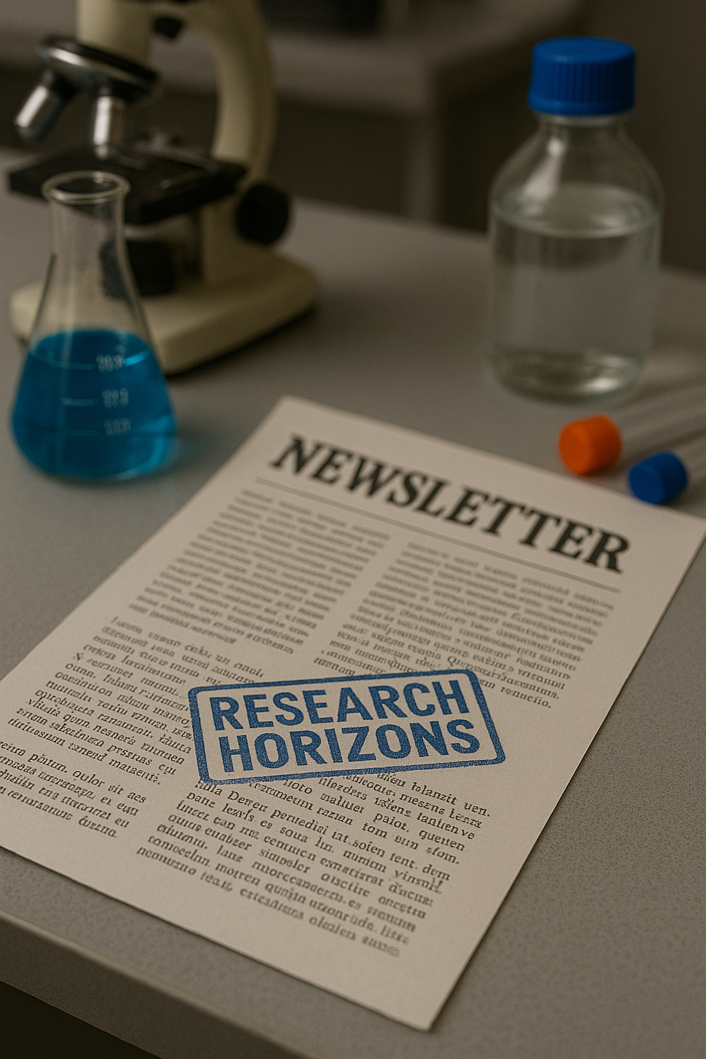 Words "Research Horizons" stamped on a newsletter