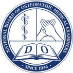 National Board of Osteopathic Medical Examiners logo with a book, hands, caduceus, and the years 1934